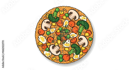 Delightful veggie pizza illustration featuring mushrooms, broccoli, carrots and other fresh vegetables, radiating healthy and appetizing culinary