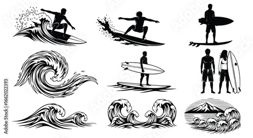 Dynamic surfing silhouettes and stylized waves for aquatic sports and beach lifestyle designs vector