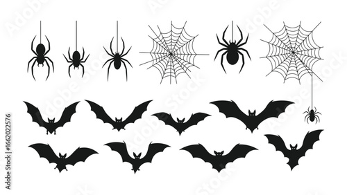 Silhouette Halloween Elements: A collection of Halloween-themed silhouettes, featuring spiders, cobwebs, and bats in a minimalist design, perfect for evoking the spooky atmosphere of the season.