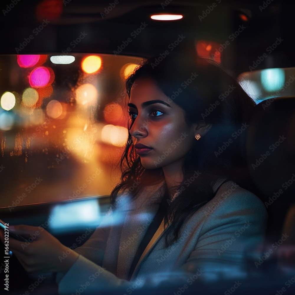 Fototapeta premium Indian woman sitting in the backseat of a cab