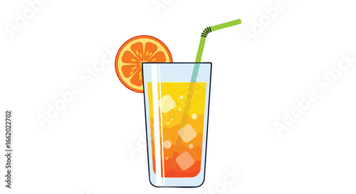 Vibrant citrus splash: Refreshing orange juice illustration with ice cubes and stylish straw on a clean white backdrop image