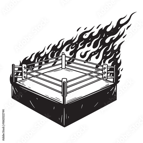 Vintage illustrated wrestling ring design with fiery flames and dramatic championship vibe