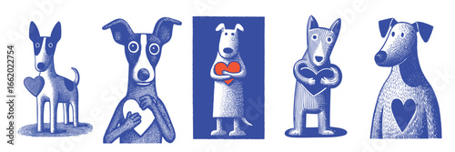 Playful cartoon blue dogs holding hearts in cute and romantic illustration style