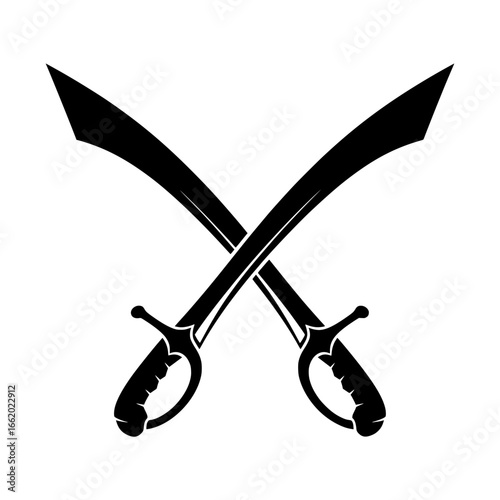 Black vector illustration of two crossed swords in silhouette style, symbolizing strength, battle, bravery, and traditional emblem.