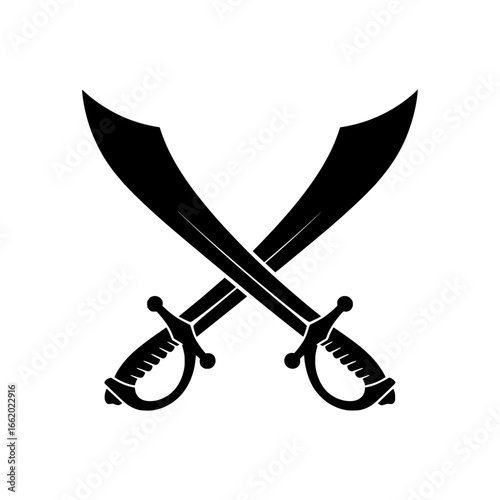 Black vector illustration of two crossed swords in silhouette style, symbolizing strength, battle, bravery, and traditional emblem.