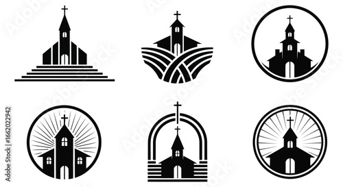 Collection of diverse church building silhouettes featuring iconic architectural details and crosses vector