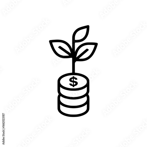 Minimalist line illustration of stacked coins with a dollar sign sprouting a plant, symbolizing financial growth, green investment, and economic sustainability.