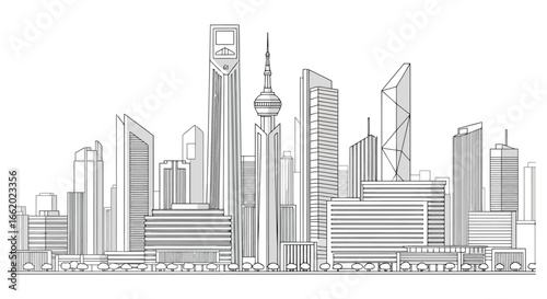 Modern city skyline artistic drawing with tall skyscrapers and architectural buildings detailed sketch vector