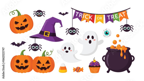 Halloween Assemblage: An assortment of Halloween-themed items, featuring carved pumpkins, witch hat, cheerful ghosts, spiders, bat, a bubbling cauldron, sweet treat and pennant with text.