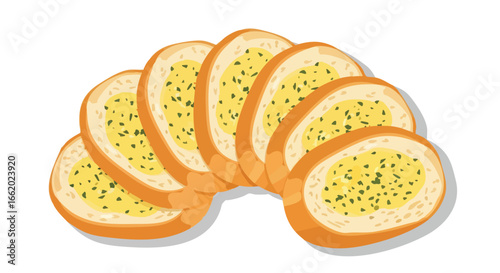 Delicious garlic bread slices arranged in a semicircular pattern on a clean white background illustration style