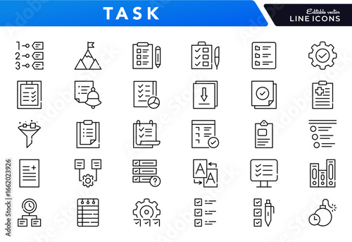 Task management linear icon set. Checklist, action plan, to-do, calendar, productivity, reminder, deadline, planner, schedule, project, note, vector outline icon
