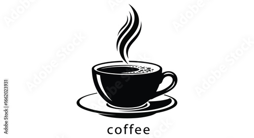 Steaming cup of coffee on saucer with 'coffee' text simple black and white graphic vector