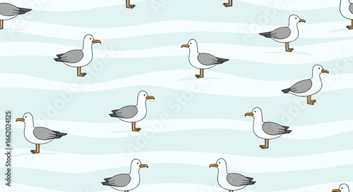 Charming cartoon seagulls walking along wavy blue coastal waters repeating pattern design