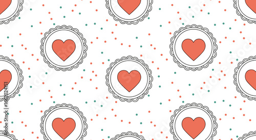 Charming coral hearts enclosed in decorative vintage frames on a white backdrop with tiny colorful dots