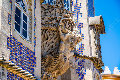 Sintra, Portugal - July 8 2025: The beautiful decorated windows of Pena Palace in Sintra, Portugal