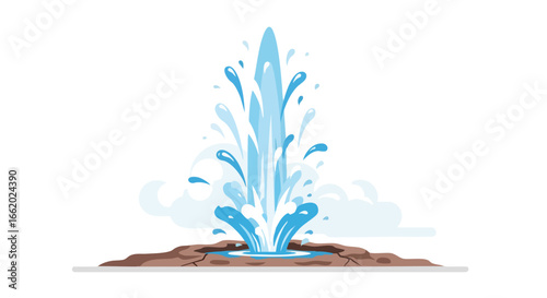Geothermal water eruption from earth, illustration of natural spring geyser with blue water plume and ground vent, showing the power and beauty of