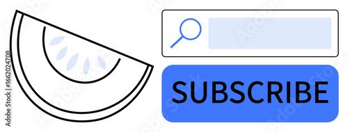 Watermelon slice next to a search bar and subscribe button in a simple layout. Ideal for digital subscription, online search, healthy lifestyle, marketing, technology, food blogs, simple landing page