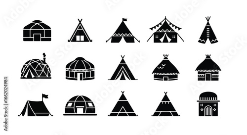 Diverse collection of indigenous dwelling silhouettes native american homes yurts tents and traditional structures vector