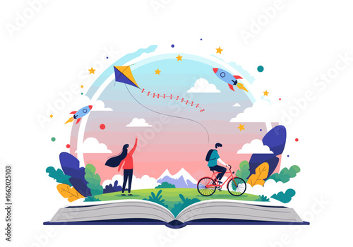 An open book inspiring imagination and adventure with flying kites and rockets over mountains and clouds