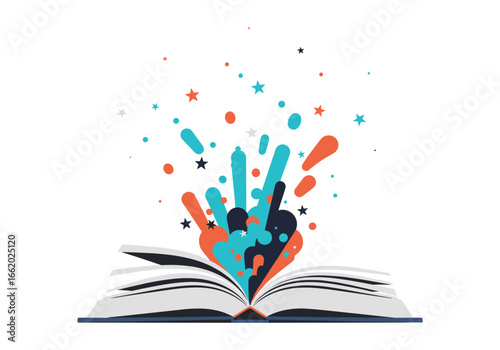 Unleash your imagination with this enchanting open book illustration bringing stories to life with explosions of color stars and splashes