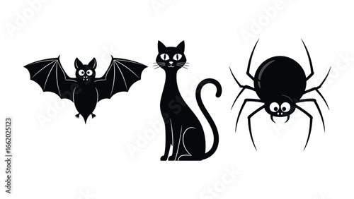 Halloween Creatures: A spooky arrangement of a black cat, bat, and spider in a simple illustration against a plain backdrop. 