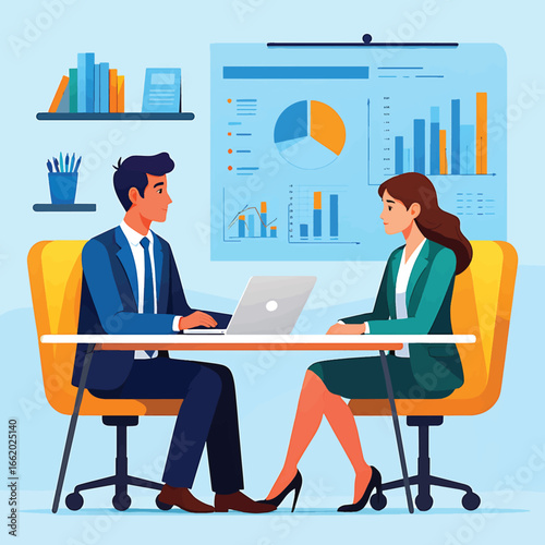 Vector illustration of a man and woman in a business meeting, analyzing charts and graphs for corporate strategy and financial planning.