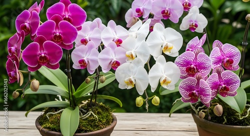 A beautiful close-up shot showcasing several blooming orchid plants in various shades of pink and white, potted in rustic containers