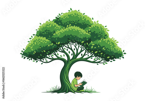 A young boy finds solace and knowledge reading a book under the shade of a lush green tree on a bright day