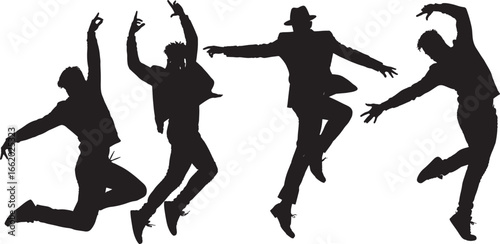 Young male dancers jumping silhouette vector
