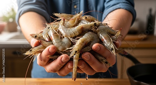 Hands holding fresh raw shrimp prawns seafood for cooking delicious meal preparation in kitchen
