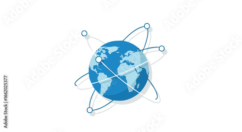 Global connectivity showcased with a stylized Earth surrounded by orbital connections in shades of blue on a pure white background