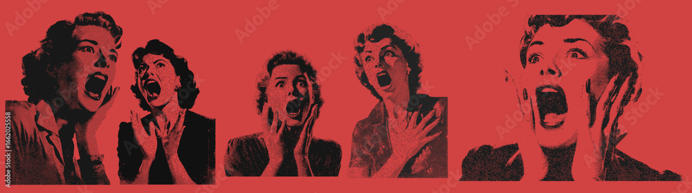 Set of vintage 1950s women screaming in fear, halloween horror halftone grunge vector design elements