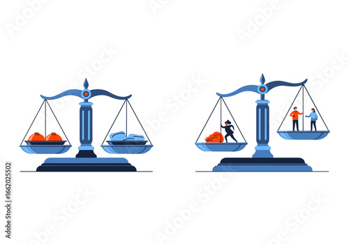 Visualizing the concept of balance and fairness in different scenarios with simple scales