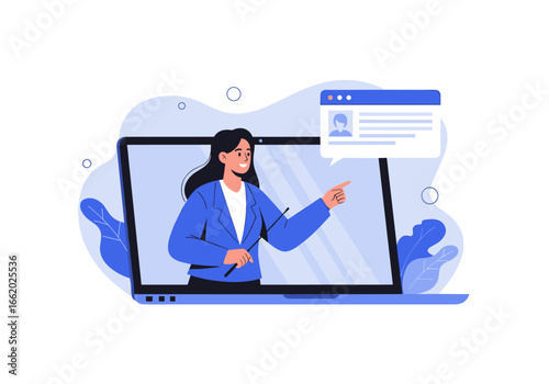 Online education and digital learning with a professional instructor presenting interactive content on a laptop screen