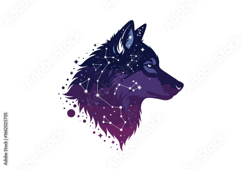 Mystical wolf head silhouette featuring a cosmic galaxy star constellation pattern vibrant purple to dark blue gradient
