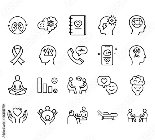 Mental Health and Therapy Line Icons Set – Psychology, Wellness, and Support Symbols