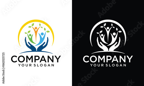 Creative Man circle hand and tree logo design vector Safe Health and nutrition logo vector template
