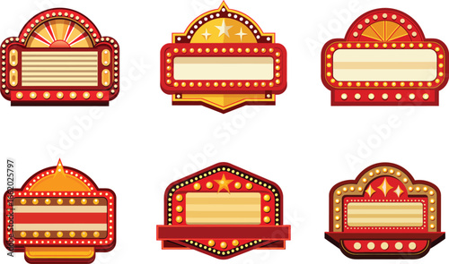 Variety of vintage illuminated theater and cinema sign designs illustration art