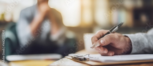 The hand holding a pen while taking notes in an office setting.