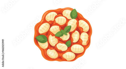 Delicious cartoon gnocchi dish immersed in rich tomato sauce and adorned with fragrant basil leaves, a delightful illustration of italian cuisine