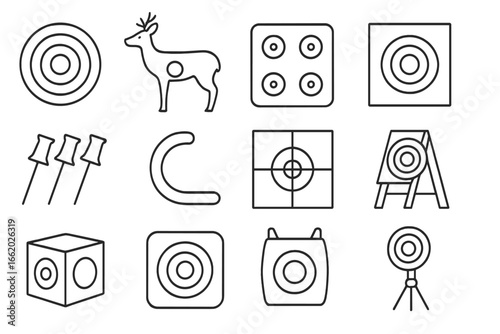 Archery Target Icons. Line style icons of archery targets and accessories: bullseye target, 3D deer target, foam block, paper
