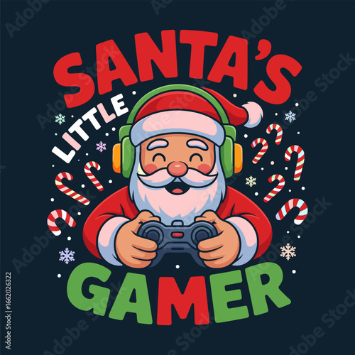 Santas little gamer vector, Santa playing gamepad, headphones, snowflakes, cozy holiday design, gaming typography, cute festive illustration