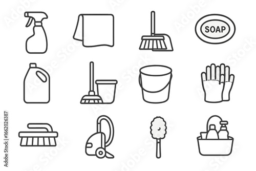 Minimal Cleaning Icons. Line style icons of minimalist cleaning supplies: spray bottle, cloth towel, broom and pan, soap bar,