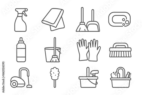 Minimal Cleaning Icons. Line style icons of minimalist cleaning supplies: spray bottle, cloth towel, broom and pan, soap bar,
