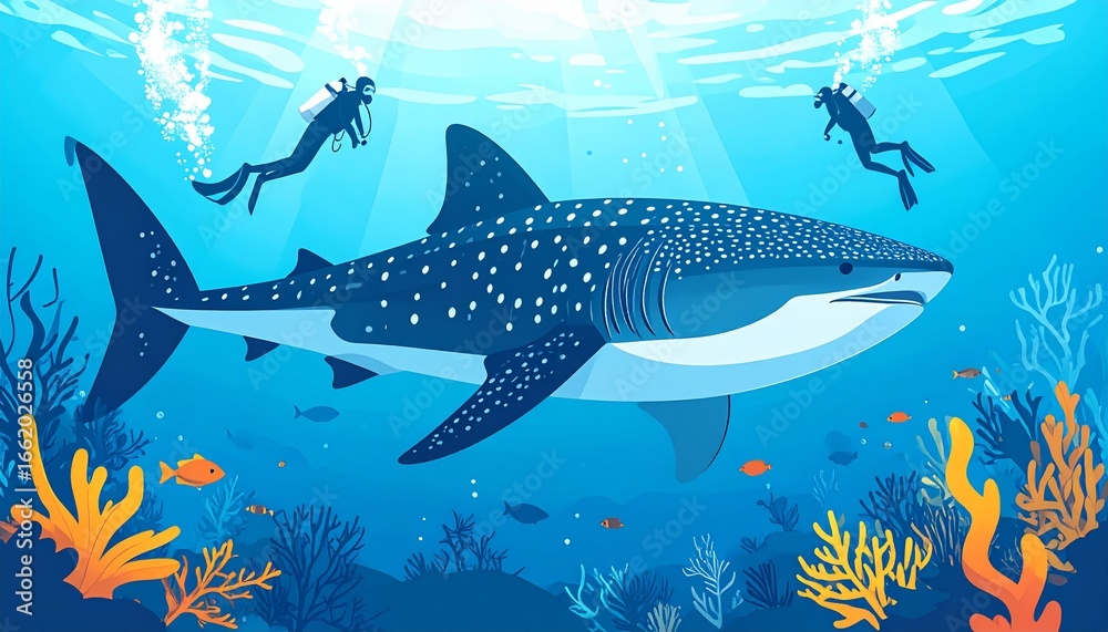 Obraz premium Whale Shark Encounter Divers Exploring Marine Life with a Gentle Giant Underwater