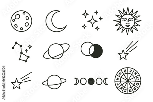 Celestial Icons Collection. Line style icons of celestial tattoo elements: full moon, crescent moon, stars cluster, sun with face,