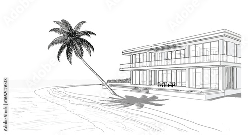 Hand-drawn sketch of a modern building with a leaning palm tree on a sunny beach. vector