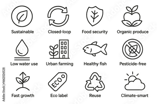 Aquaponics Benefits Icons. Line style icons of aquaponics benefits: sustainable icon, closed-loop arrow, food security symbol,