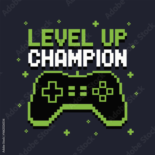Level up champion vector, pixel game controller, retro arcade style, gaming badge, neon highlights, geek culture illustration