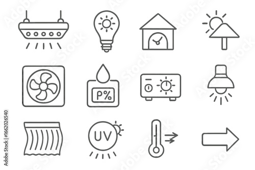 Aquaponics Climate Icons. Line style icons of aquaponic lighting and climate: LED grow light, full spectrum bulb, light timer,